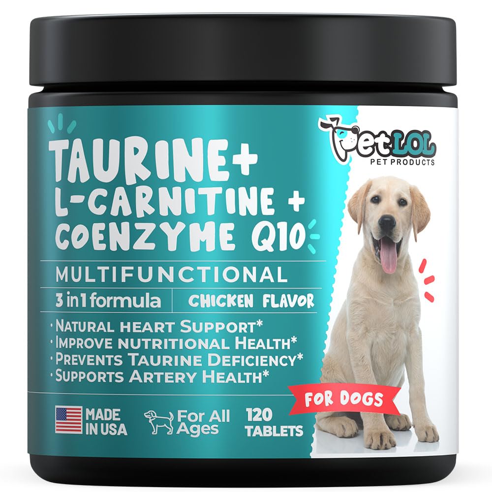 Suplimentul taurină pentru câini cu L-Carnitină și Coenzime Q10 (CoQ10): Vet Endorsed for Enlarged Heart (DCM), Congestive Heart failure, Taurină deficite: 3-in-1 