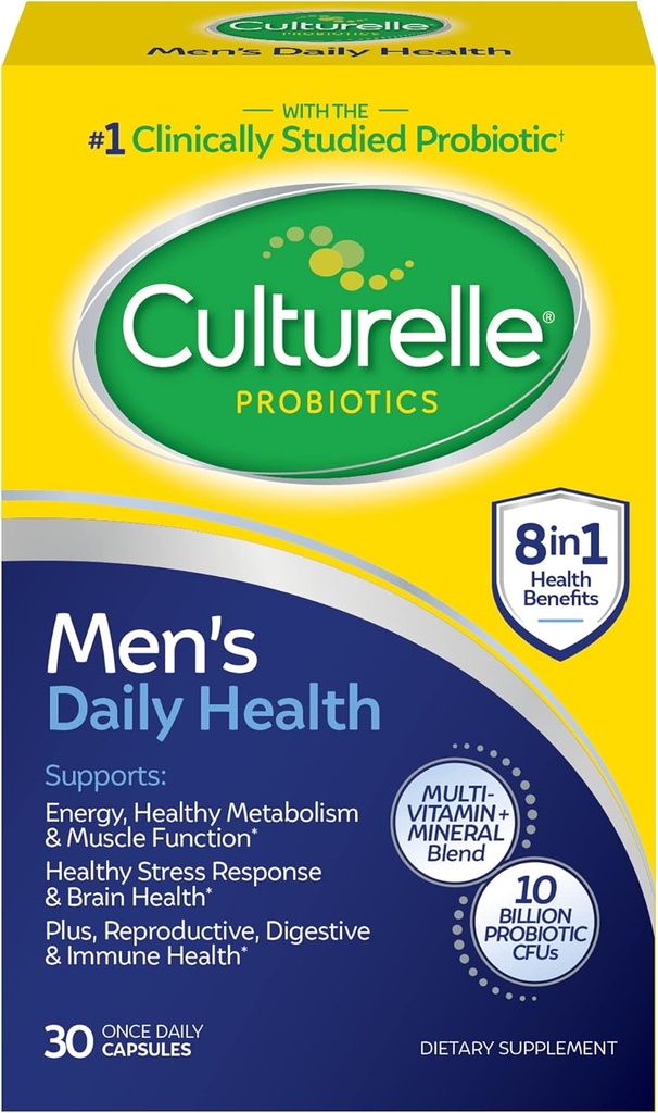 Culturelle Daily Health 8-in-1 Probiotic si multivitamine pentru barbati - 30 Conte - Probiotice naturale pentru sanatate digestiva si suport imun, cu magneziu, vitamina D3, vitamina C, vitamina B12