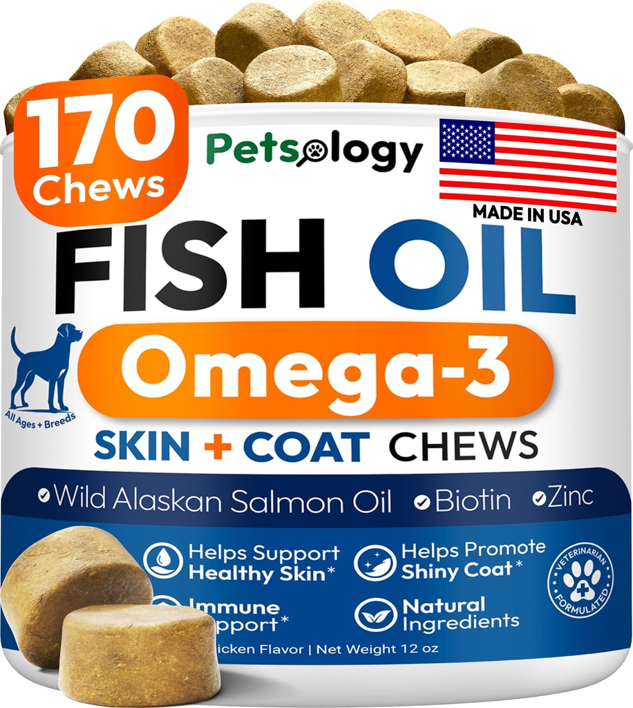 Omega 3 Ulei de pește pentru câini - 170 Chews - Omega 3 pentru câini Itchy Skin & Alergia Relief - Skin & Coat Supplement - EPA & DHA Acidi grași - Dog Anti Shedding & Hot Spot Treatment - Salmon Oil