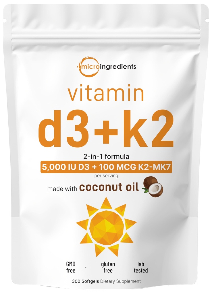Micro Ingrediente Vitamina D3 5000 UI + K2 MK-7 100 mcg, 300 Softgels 
