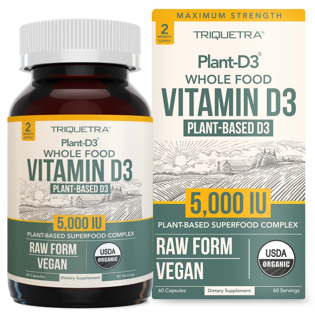 Vitamina organică D3 5000 UI - 100% Formula de Colecalciferol pe bază de alimente și plante, 100% vitamina D Vegană - îmbunătățită cu prebiotic și superalimentar complex 