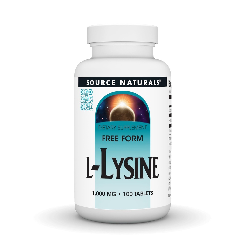 Sursa Naturals L-Lysine Free Form, 1000 mg - Aminoacid Supplement Supplement Supports Energy Formation & Colagen* - 100 Tablets