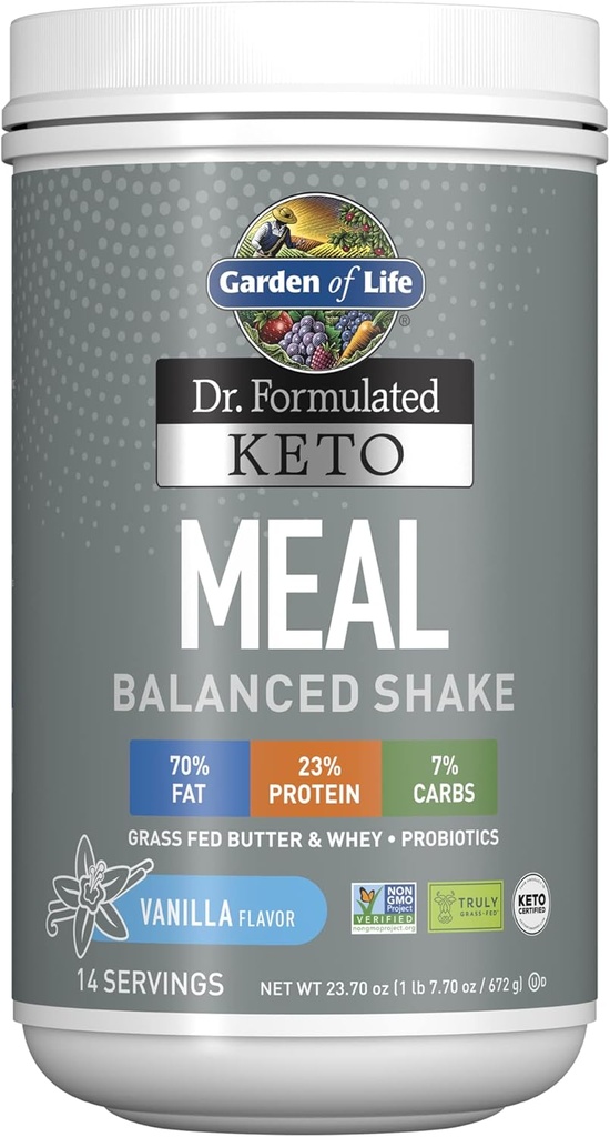 Gradina de viata Dr. Formulat Keto Meal balansat Shake - Vanilie pulbere, 14 Serviri, Cu adevarat iarba Fed Butter & Whey Proteina plus Probiotice, Non-GMO, Gluten gratuit, Ketogenic, Paleo Masa de inlocuire