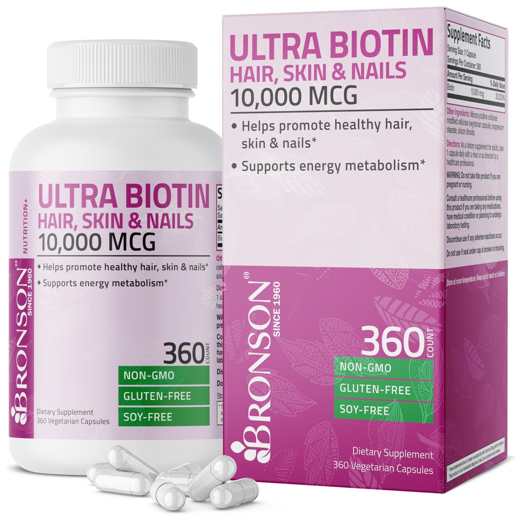 Bronson Ultra Biotin 10000 Mcg Piele de păr și unghii Supliment, non-GMO, 360 Capsule vegetariene