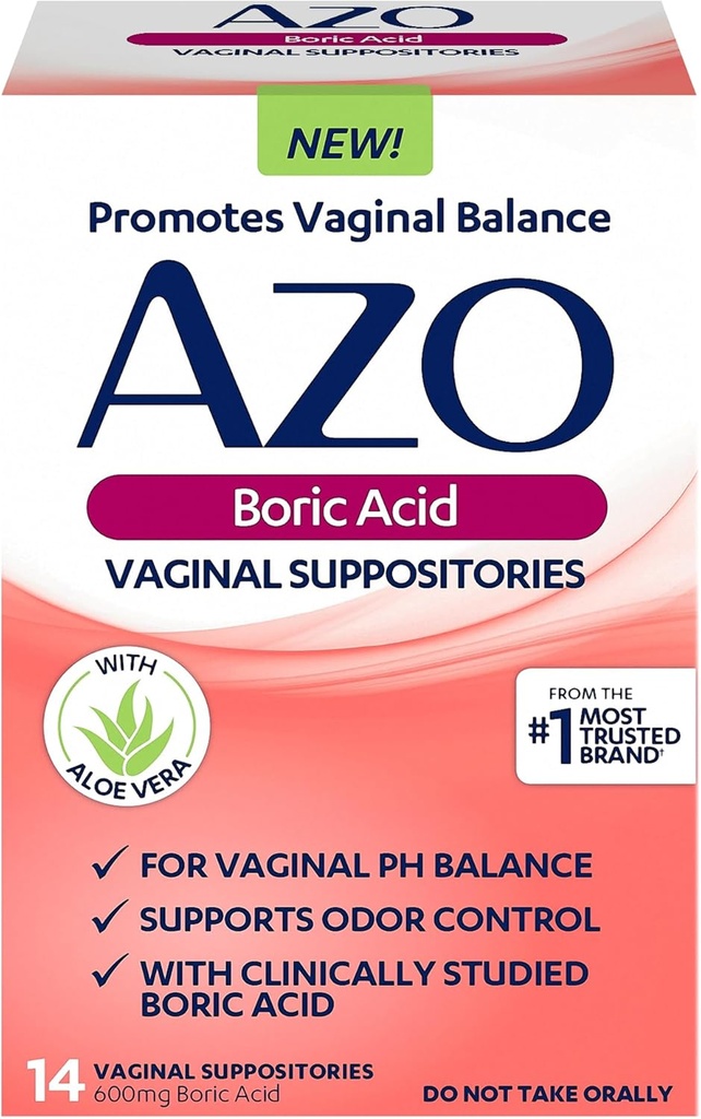 Acidul boric AZO supozitoare pentru femei, ajută la controlul odor și echilibrul PH vaginal cu acid boric studiat clinic, non-GMO, 30 Conte