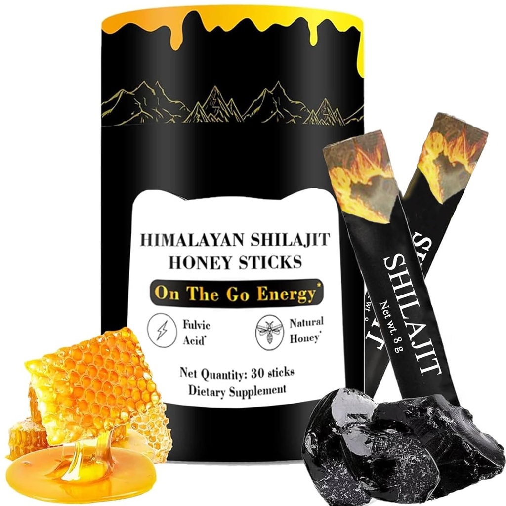 Shilajit Honey Sticks, Himalayan Shilajit Honey Sticks, Pure Himalayan Resin, Honey & Saffron, 30 de stick-uri de mare absorbtie pentru energie, Putere & Suport cognitiv