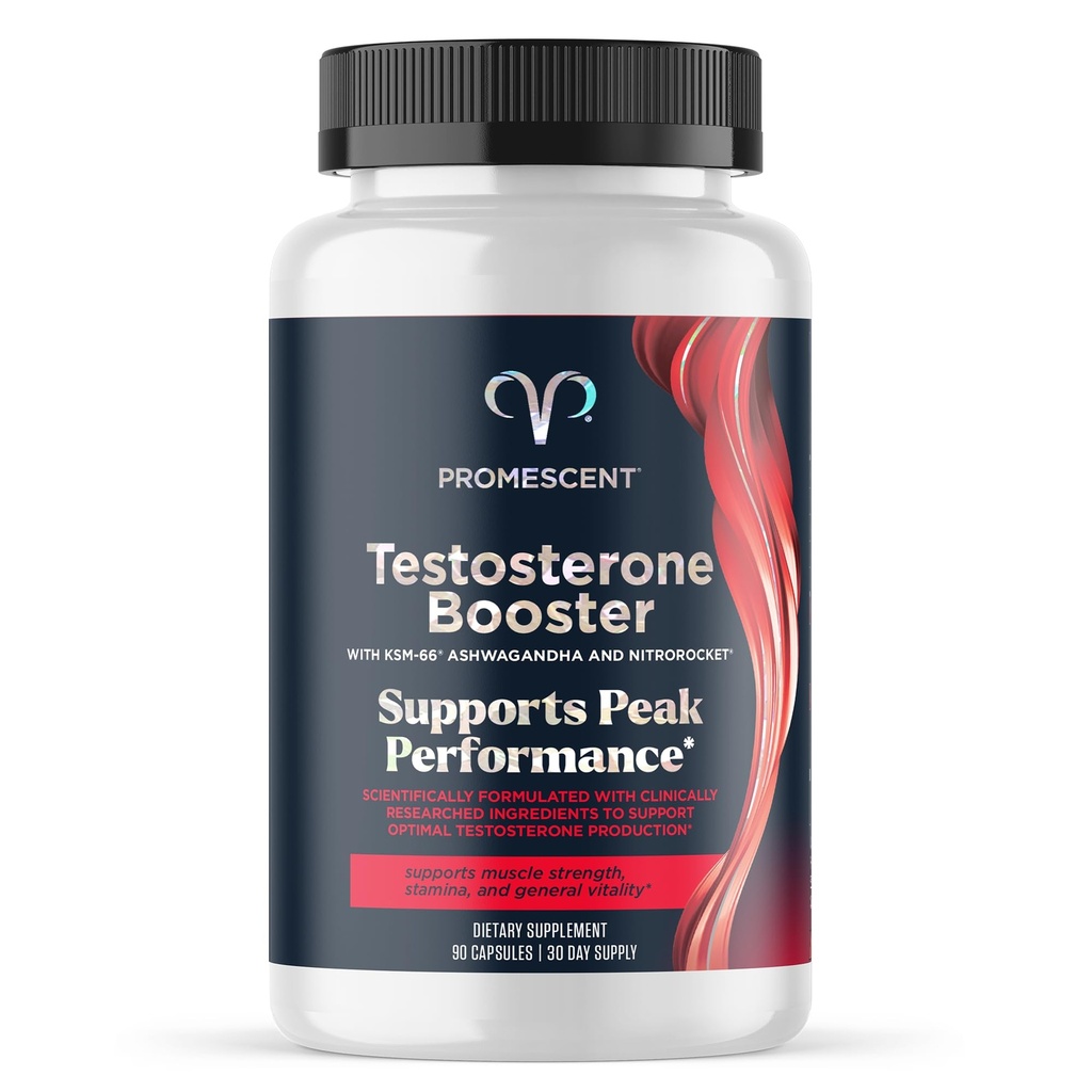 Promescent Testosteron Booster pentru bărbaţi Supliment w/Tongkat Ali (LongJack), KSM-66 Ashwagandha, Goat Weed, Schinduf & Tribulus Terrestris, Susţine Energie Naturală, Rezistenţă & Putere, 90 Capsule