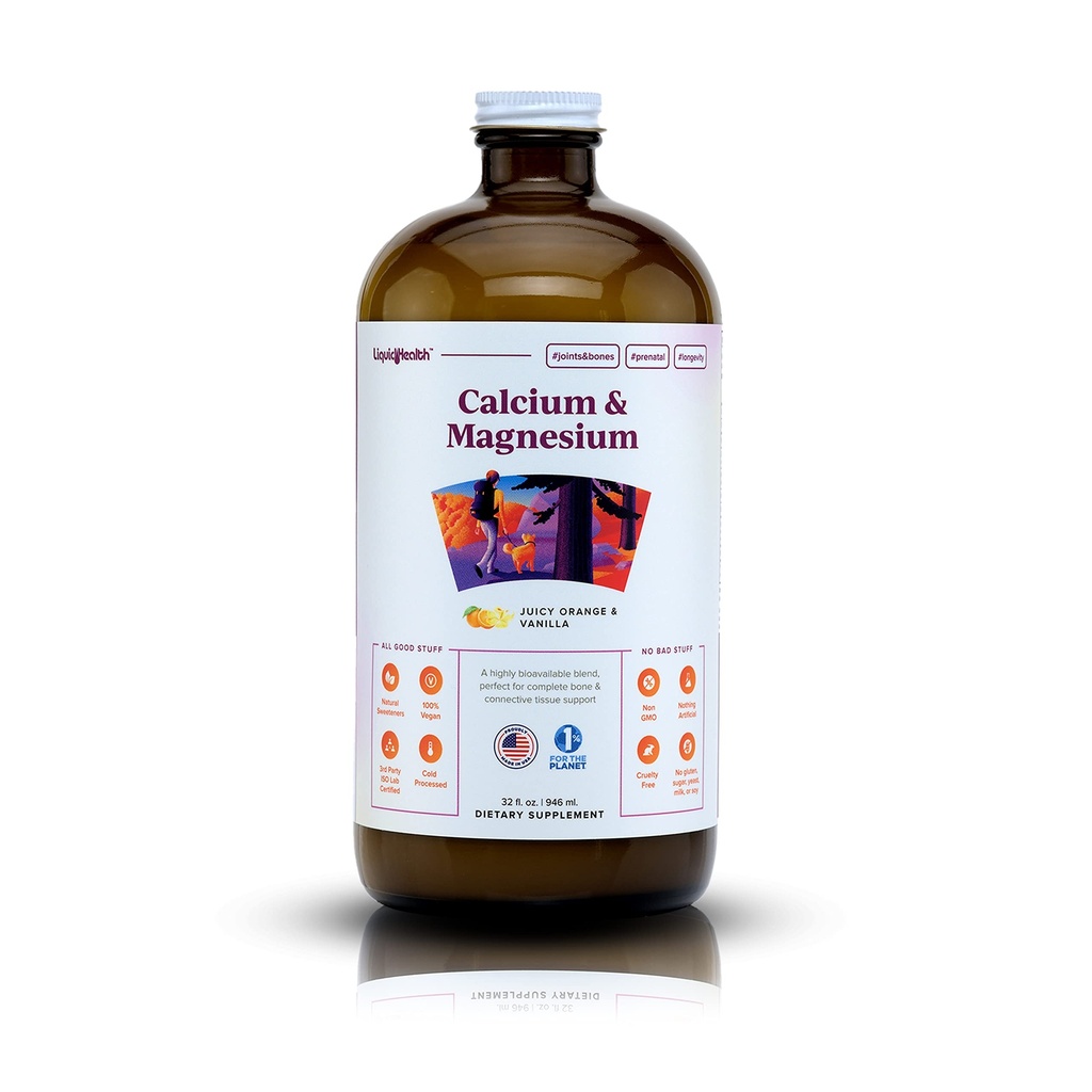 LIQUIDHEALTH Calciu & Magneziu supliment de vitamina lichida adulta - Os, comun, musculare, suport tesut Connectiv, Heart Health, Nutrients esential - Made in the USA, Vegan, Non OMG, No Sugar (32 oz)