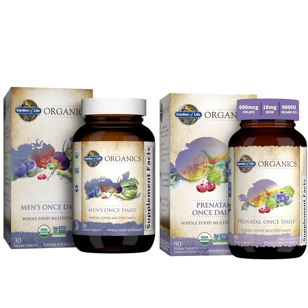 Gradina de viata Organics Vitamina prenatala: Folat pentru energie si dezvoltare fetala sanatoasa & Organics Multivitamine pentru barbati - Ziua barbatilor supliment zilnic supliment de vitamine alimentare, Vegan, 30 Conte