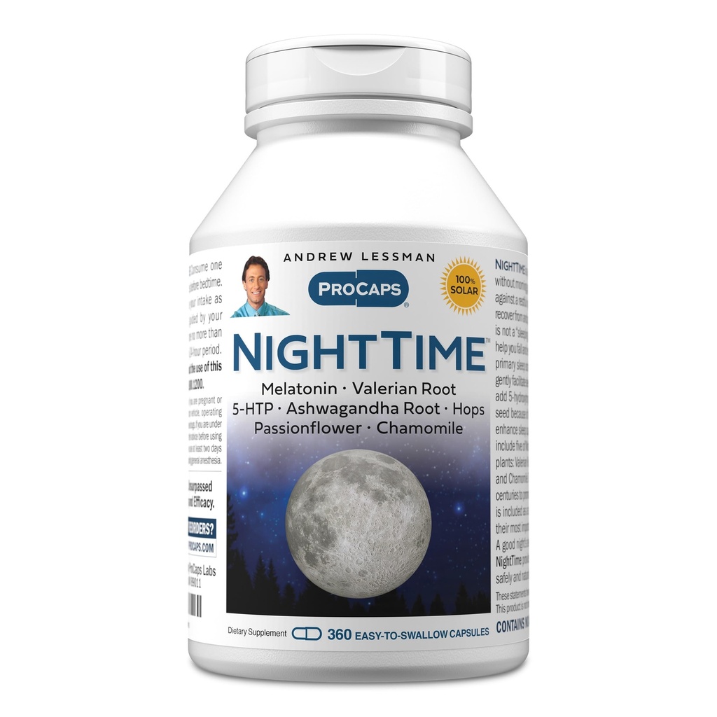 ANDREW LESSMAN Night Time 360 Capsule - 3mg Melatonina, Valerian, Ashwagandha, Passionflower, Hops, Chamomile. Fără Grogginess Morning. Suport natural, somn liniştit. Capsule uşor de înghiţit