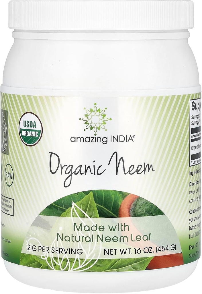Uimitor India USDA Certified Organic Neem Powder (Non-GMO) 16oz - Promovează purificarea sângelui, Imunitatea sănătoasă și pielea sănătoasă