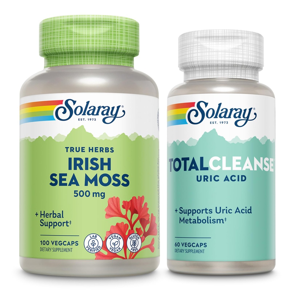 SOLARAY Irish Sea Moss și Total Cleanse Acid Uric - Wellness and Joint Health Bundle w/Natural Occurry Vitamine, Minerale, Bacterii Live, Plus Tart Cherry, Turmeric și semințe de telina, 100/60ct
