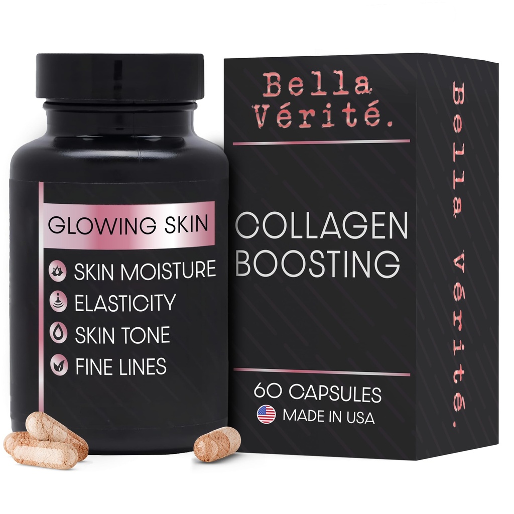 Bella Vérité Daily Collagen Supliment pentru femei si barbati - Vitamine esentiale pentru o Complexie Tineret, Radiant & Sănătate generală - Suport Glowing & Skin Smooth, Reduce ridurile si uscatura (60 capsule)