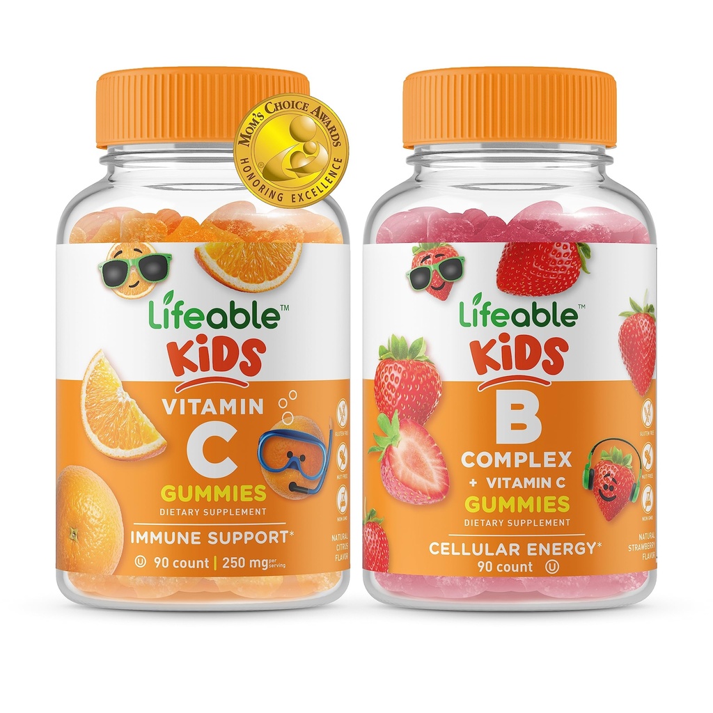 Vitamina C Lifeable Copii + B Complex Copii, Gume Bundle - mare Tasting, Supliment de vitamine, Gluten gratuit, OMG gratuit, Gummy masticabil