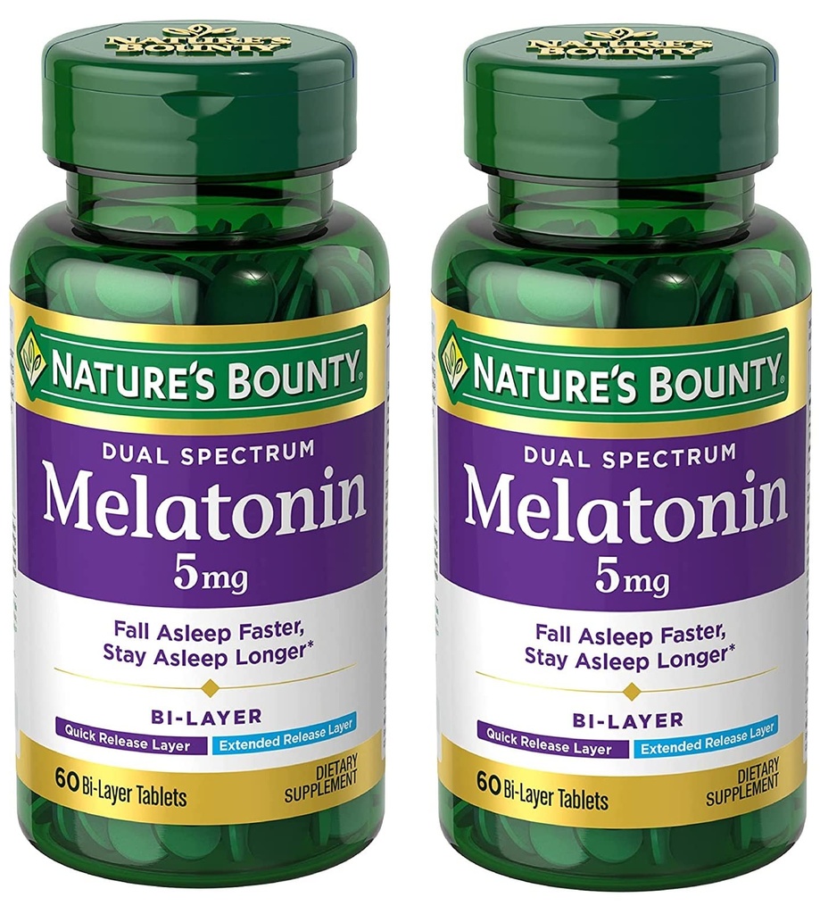 Nature's Bounty Melatonin 5mg Dual Spectrum, 100% Drug Free Sleep Supplement, Quick Release and Extended Release, Promoveaza Relaxarea si Sleep Health, 60 Bi-Layer Tablets (Pachet de 2)