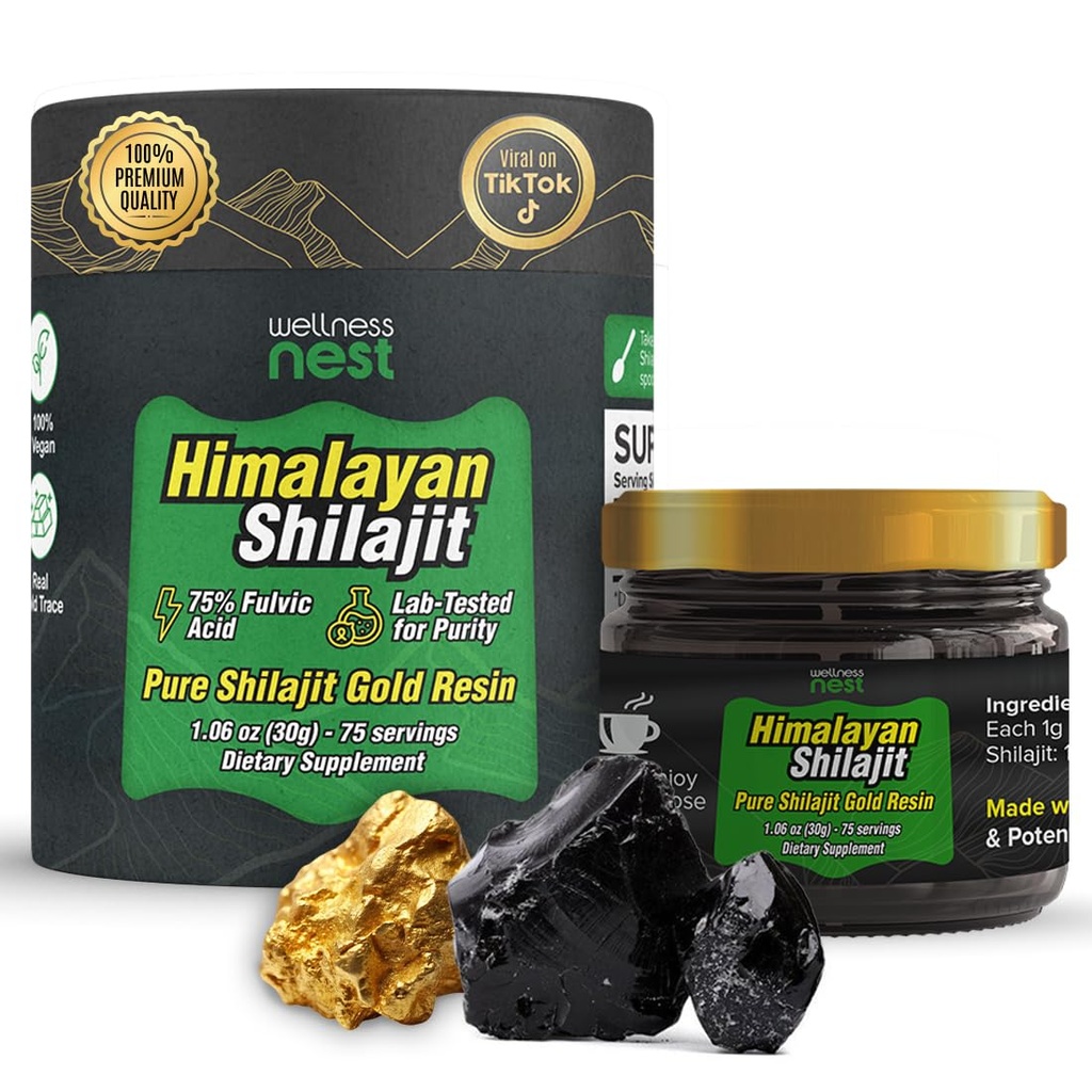Wellness Nest Gold Grad Pure Himalayan Shilajit Resin: Ultimate Potență pentru bărbați și femei - 24k aur, 75% + Acid pelvian, Lab Raport inclus - 30g (1 ambalaj), 75 Serviri