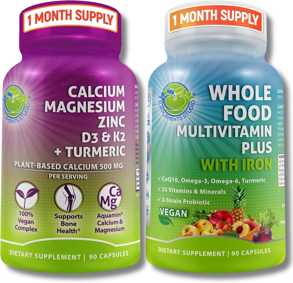 Vegan Whole Food Multivitamine cu fier + Plant-Based Calciu, Magneziu, Zinc, D3, K2 & Turmeric 