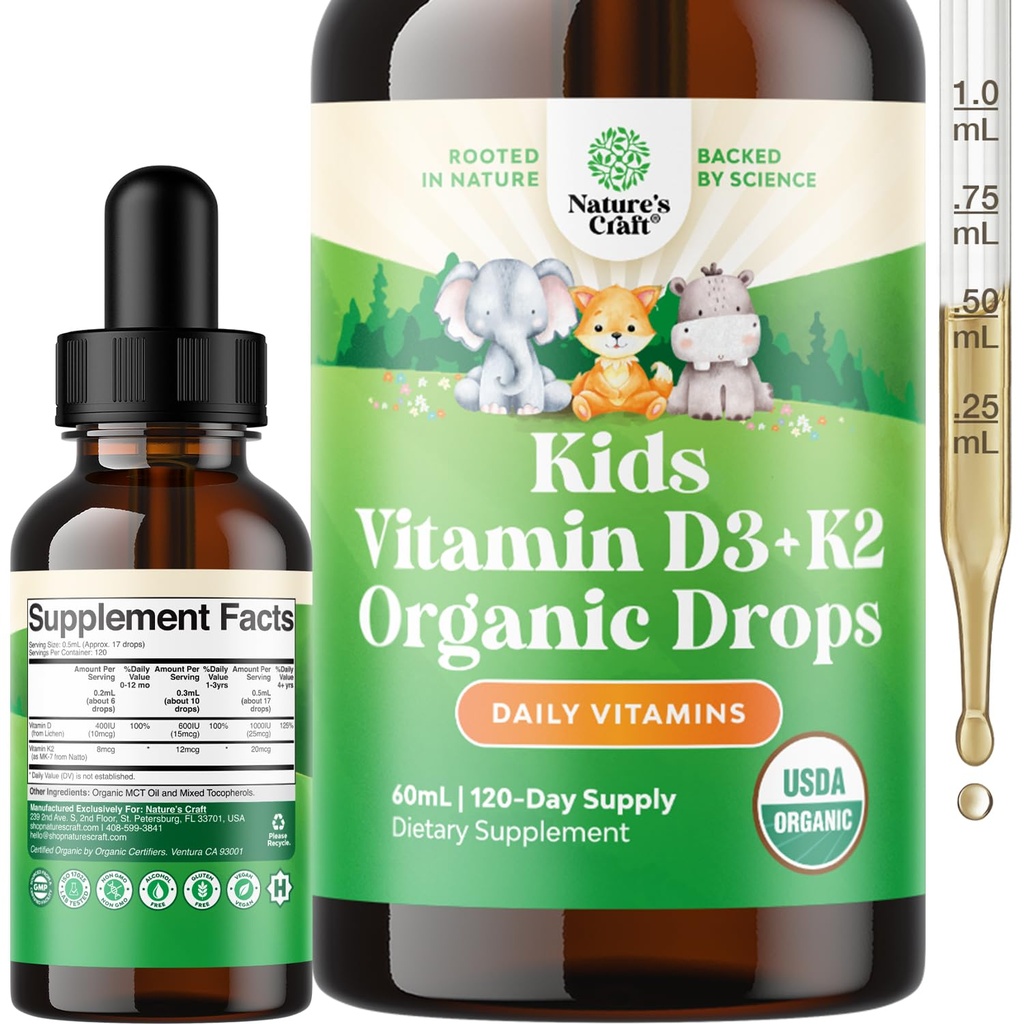 Natura Craft Copii Vitamina D3 K2 picături - Vitamina organica D pentru copii pentru oase puternice și articulații - sugari, copii și copii copii de sprijin imun scade supliment lichid - 60 ml flacon