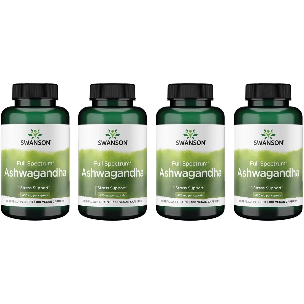 Swanson Ashwagandha Powder Supplement - cu Ashwagandha Root pentru a promova Stres Relief & Energy - Ayurvedic Supplement for Natural Wellness (100 capsule, 450mg Fiecare) 4 Pack