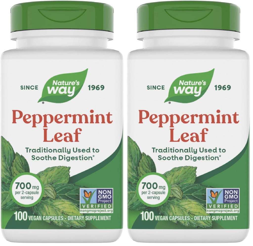 Natura's Way Premium Herbal Peppermint Leaf, Tradiţional Digestive Soothing and Discomfort Support*, 700mg per Serving, 100 Capsule (Pachet de 2)