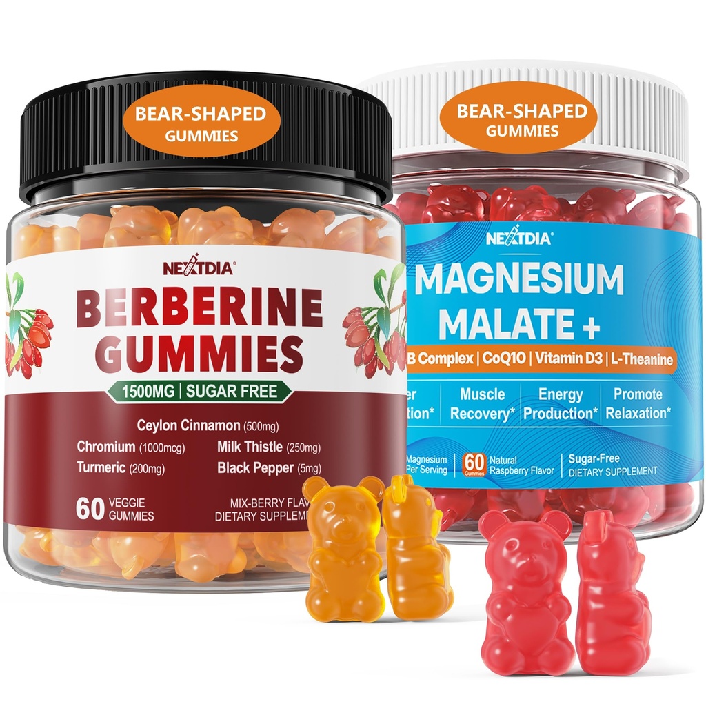 2Pack Berberine Supliment Gummies 1500mg + 2Pack magneziu Malat cu CoQ10-100mg Gummies