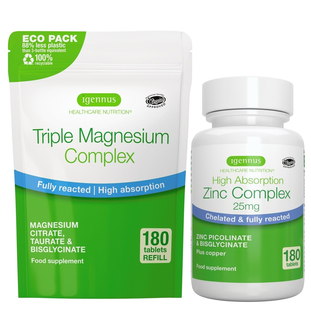 Triple Magneziu Complex 180 Tablete + Zinc Complex Vegan Bundle, Absorbție ridicată Magneziu Chelated + 25mg Picolinat de zinc și Bisglicinat cu cupru, de Igennus