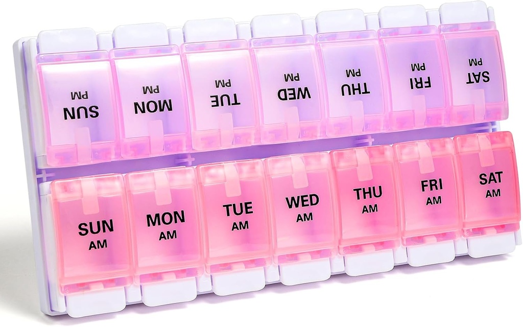 Sukuos AM PM Weekly Pill Organizator 7 zi, 2 ori pe zi de medicament Pilula cutie cu buton Push Easy, BPA gratuit vitamine cazuri pentru ulei de pește / suplimente, ușor de curățat (Purple & Pink)