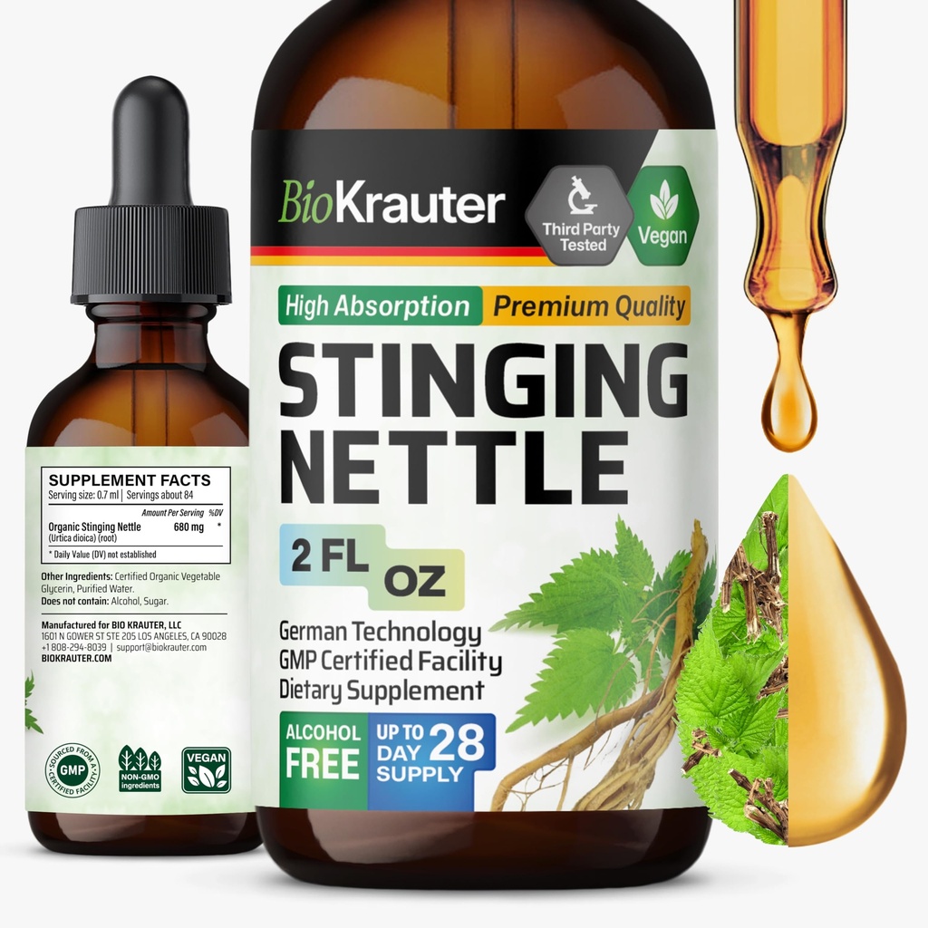 BIO KRAUTER Stinging Nettle Tincture - Nettle Root Extract lichid - Supliment de suport urinar - Urtica Dioica Extract natural - Vegan, Sugar & Alcool Picături gratuite 2 Fl.Oz.