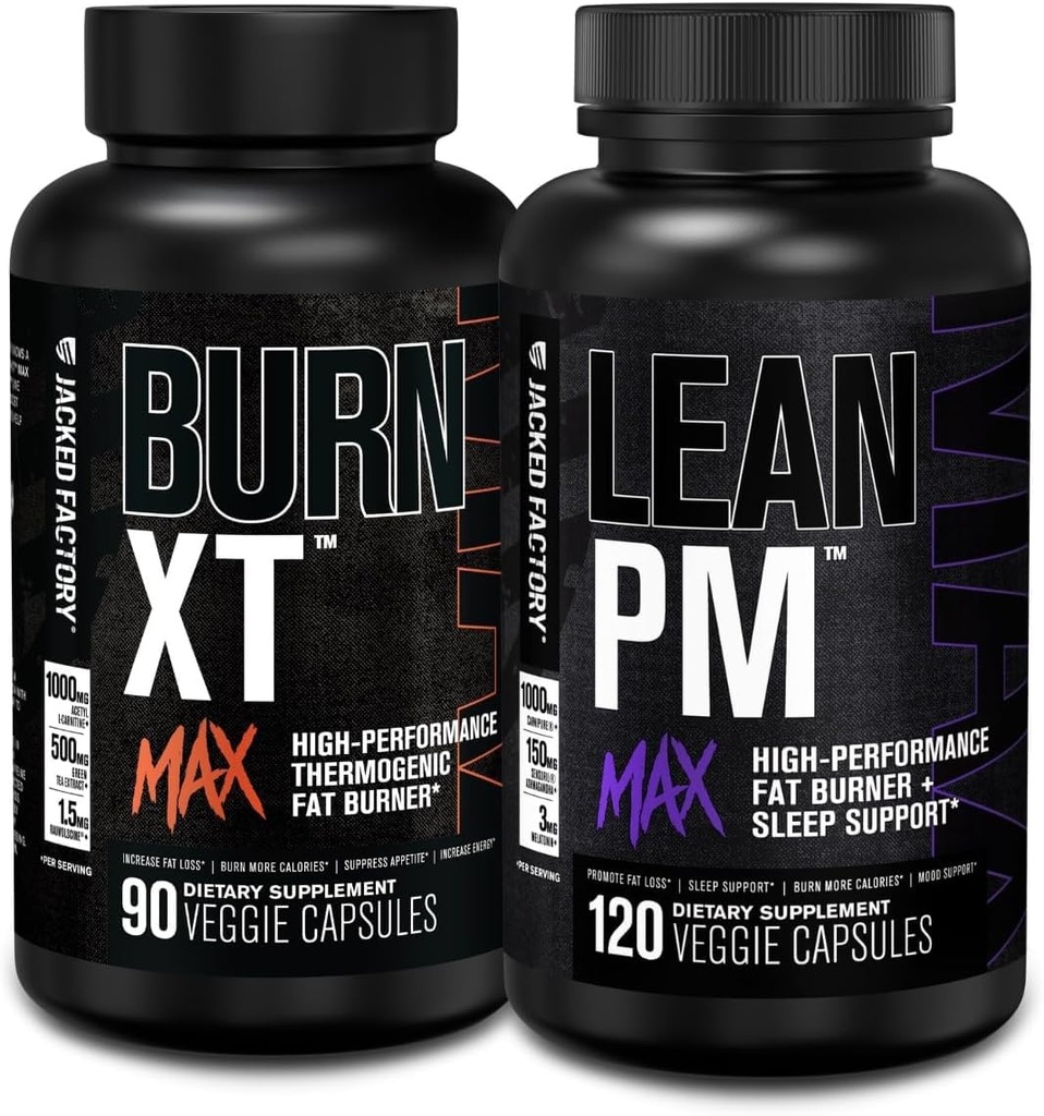 Fabrica Jacked Burn-XT Max - Arzător de grăsime termogenice și supresant de apetit (90 capsule) & Lean PM Max pierdere în greutate de înaltă performanță, Burner de grăsime, & Suppressant apetit (120 capsule)