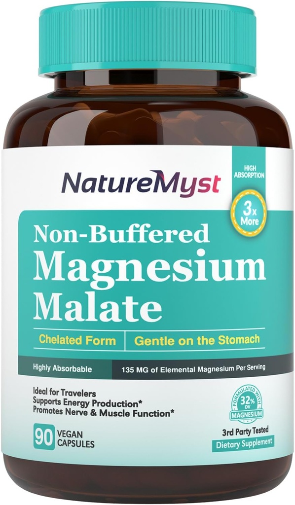 Malat de magneziu, forma Chelated, extrem de absorbabil, nebuffed, blând pe stomac, pentru adulți și copii, doza flexibilă, producția de energie, funcția nervoasă și musculară, 90 capsule Vegan