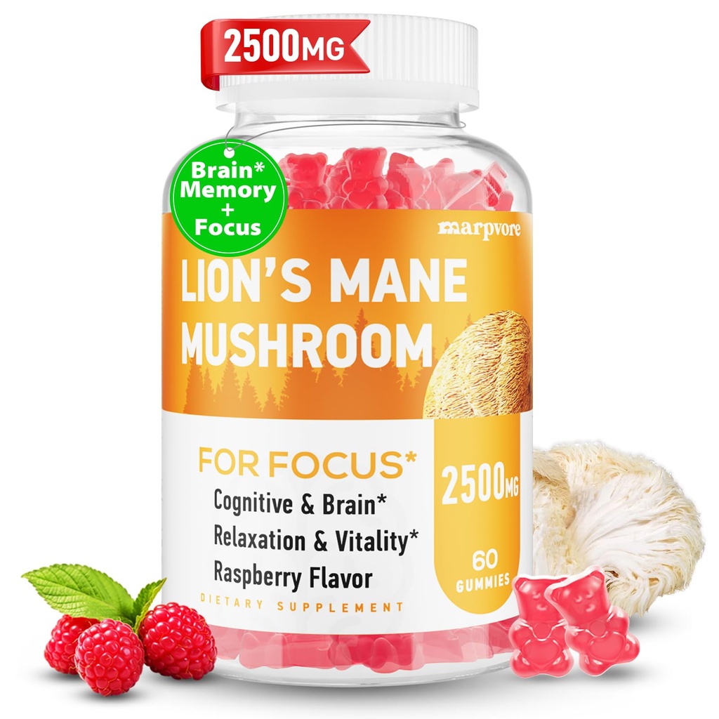 Lions Mane Gummies, Organic Lion's Mane, Lions Mane Gummies pentru adulți, cu Ashwagandha & Alpha GPC, Cortisol Suplimente pentru femei și bărbați, 60 Counts