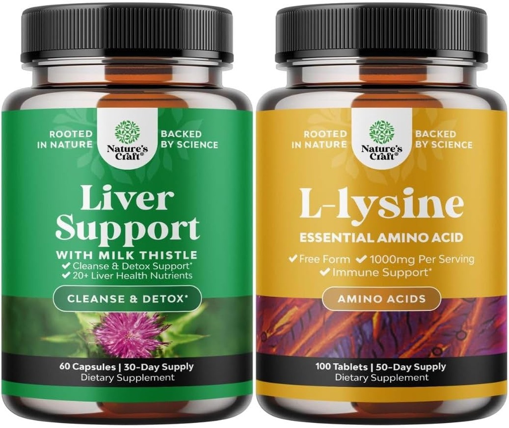 Bundle of Milk Thistle Supplement de suport pentru ficat și L Lysine 1000mg Suplimente nutriționale - Suplimentul de ficat din plante cu Silymarin Milk Thistle - L-lisine Essential Aminoacids Supliment