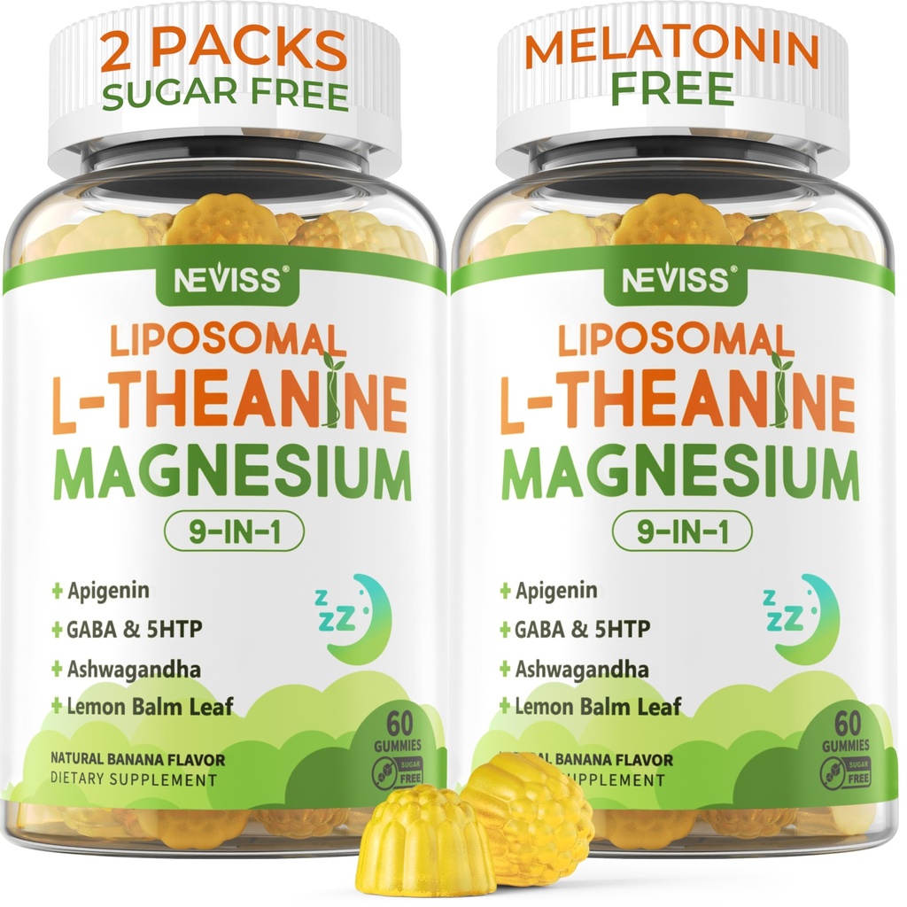 Liposomal L-Theanin 200mg Magneziu Glicinat 400mg Gummie cu GABA, 5HTP, Apigenin, Vitamina B6 & D3, Ashwagandha, Lemon Balm Leaf, Melatonin somn liber Chewable pentru relaxare Mood & Musculare, 2 Packs
