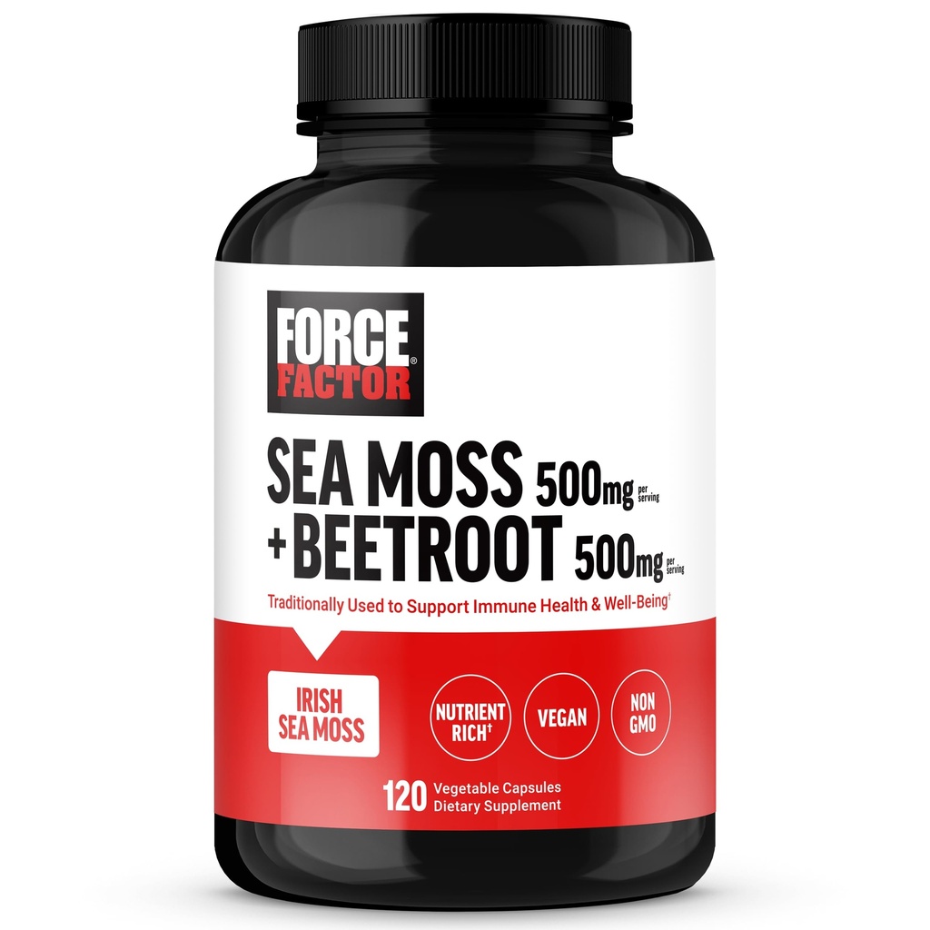Force FACTOR Irish Sea Moss + Root Supplement to Support Imunity, Circulation, Natural Energy, Heart Health, with Antioxidanti, Non-GMO, Vegan-Friendly, Soy-Free, 120 de capsule vegetale