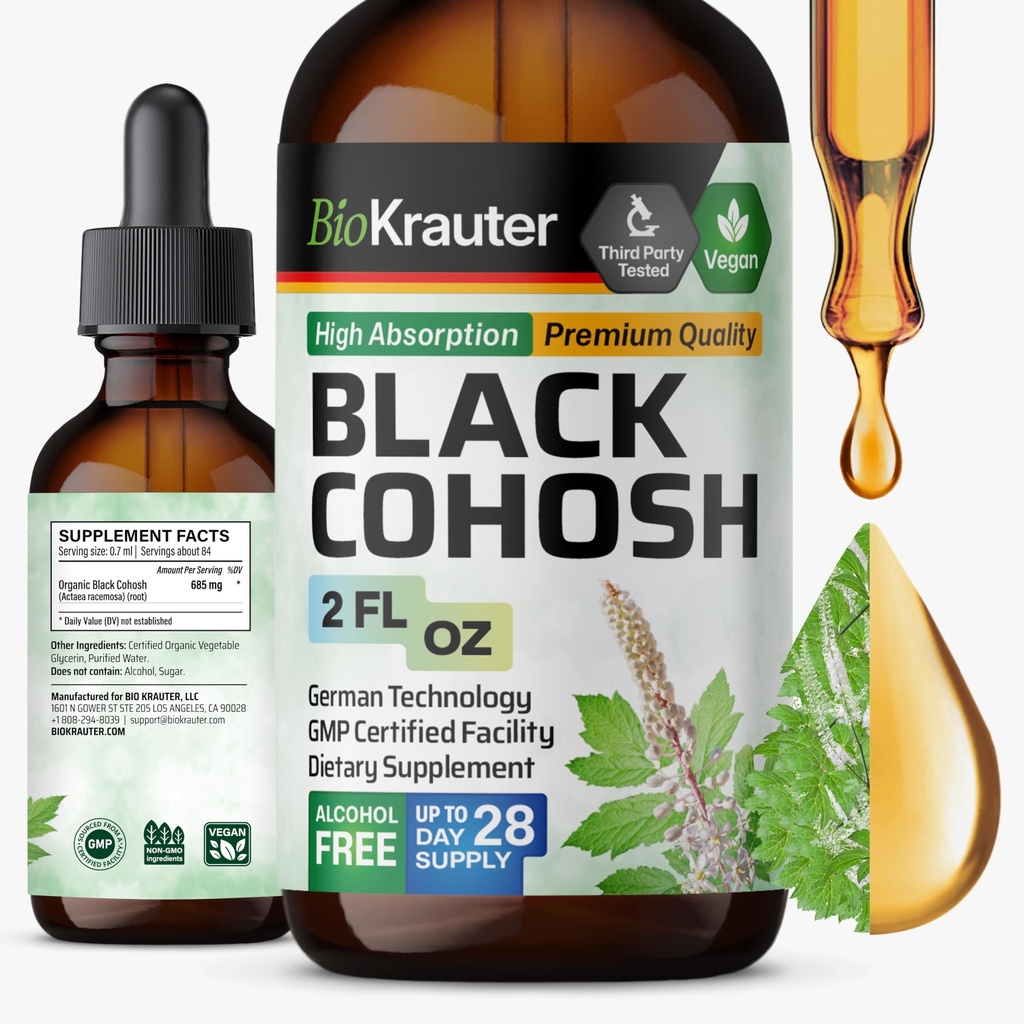 BIO KRAUTER Black Cohosh Root Tincture - Vegan Black Cohosh Suplimente Femei Suport - Alcool și zahăr gratuit - 2 Fl.Oz.