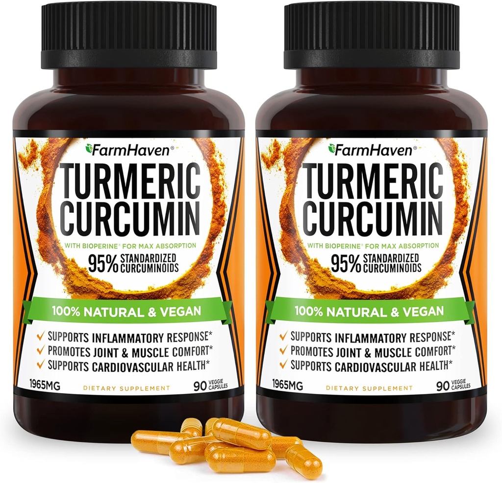 Curcumina turmerica cu Pepper negru BioPerine & 95% Curcuminoide, Absorbtie maxima pentru suport comun, Capsule turmerice non-GMO, Made in USA - 180 Veg Caps