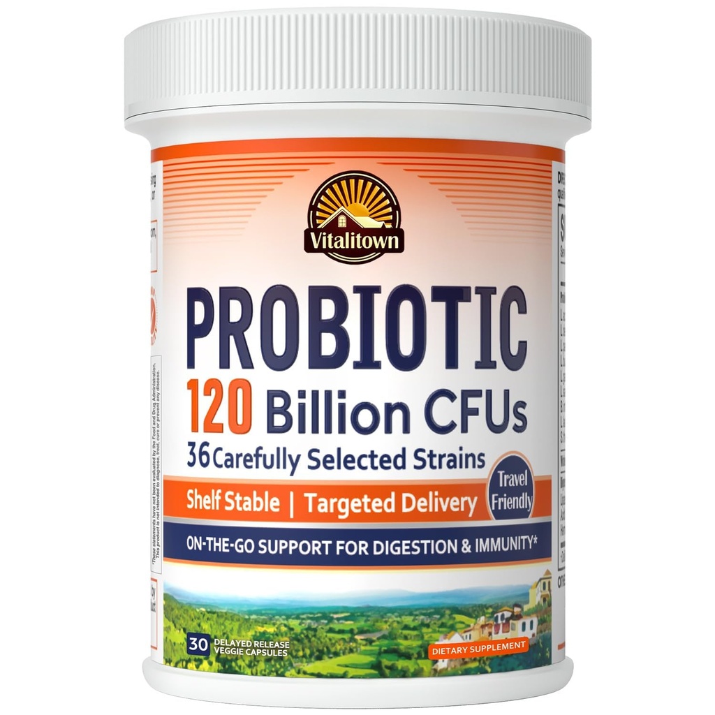 Probiotice Vitalitown 120 miliarde CFU, 36 tulpini, prebiotice, enzime digestive pentru bărbaţi Femei, eliberare întârziată, Perioada de valabilitate stabil, Pe suport du-te digestiv, 30 Veg Caps