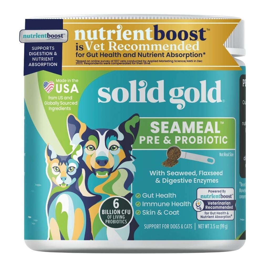 Solid Gold SeaMeal Cat Probiotic & Caine Probiotice pentru Digestive Health - Kelp Powder Dog & Cat Multivitamine Supliment w/Prebiotice si enzime digestive pentru piele, haina, & Gut + Suport imun - 3.5oz