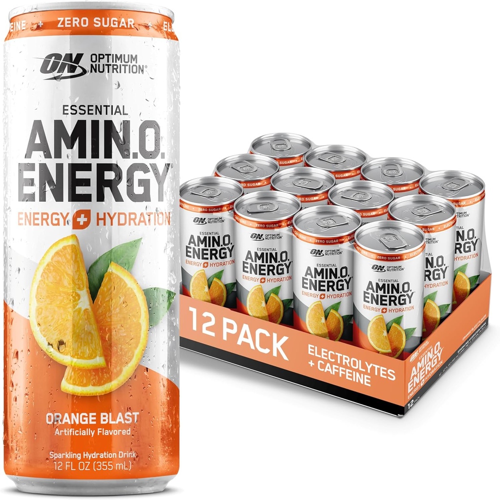 Optimum Nutrition Amino Energy Sparkling Hydration Drink, Electroliti, Cafeina, Amino Acids, BCAAs, Sugar Free, Orange Blast, 12 Fl Oz, 12 Pack (Packing May Vary)