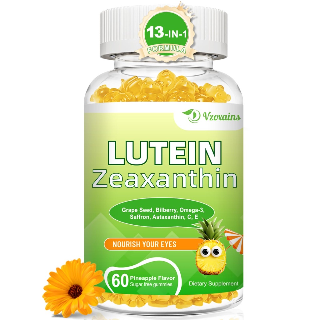 Lutein 20 mg cu Zeaxanthin Gummies, Lutein și Zeaxanthin Suplimente cu vitamine ochi C, E, Bilberry pentru sănătatea ochilor - 60Cts