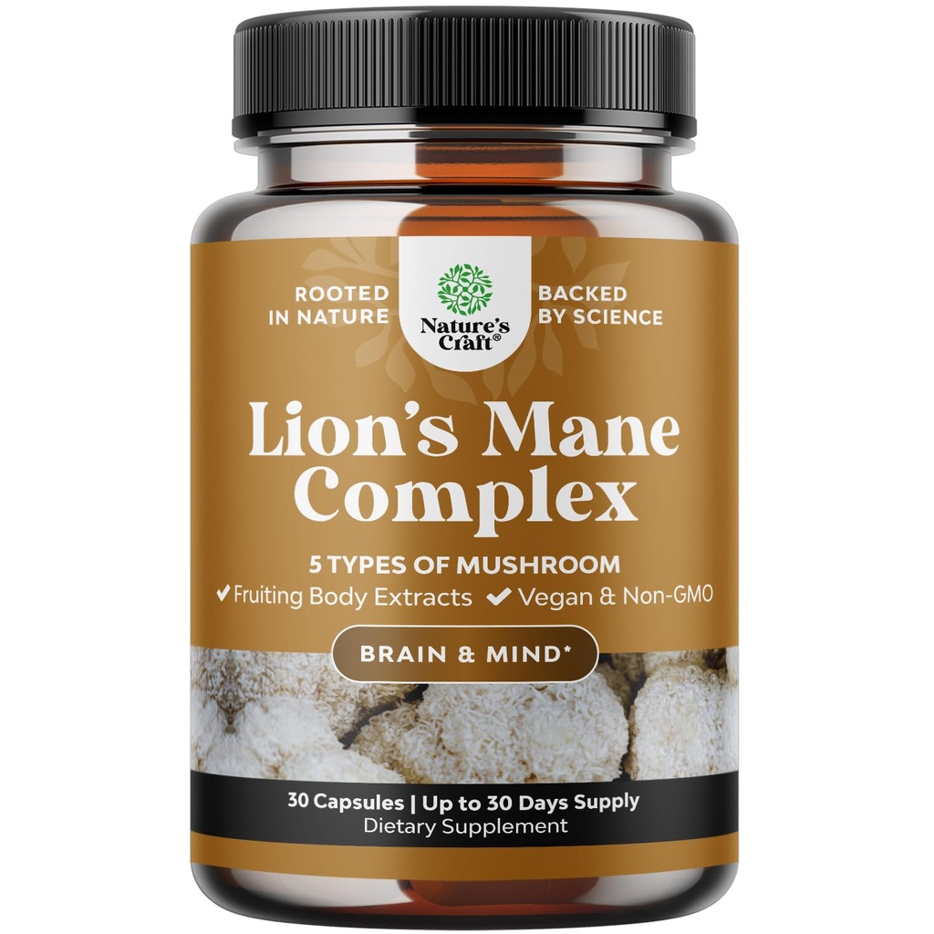 Advanced Lion's Mane Mushroom Supplement - Lions Mane Supliment capsule cu Reishi, Chaga, Maitake & Shiitake pentru Brain Health Memory Support & Focus - Nootropic for Mental Clarity - 30 Caps