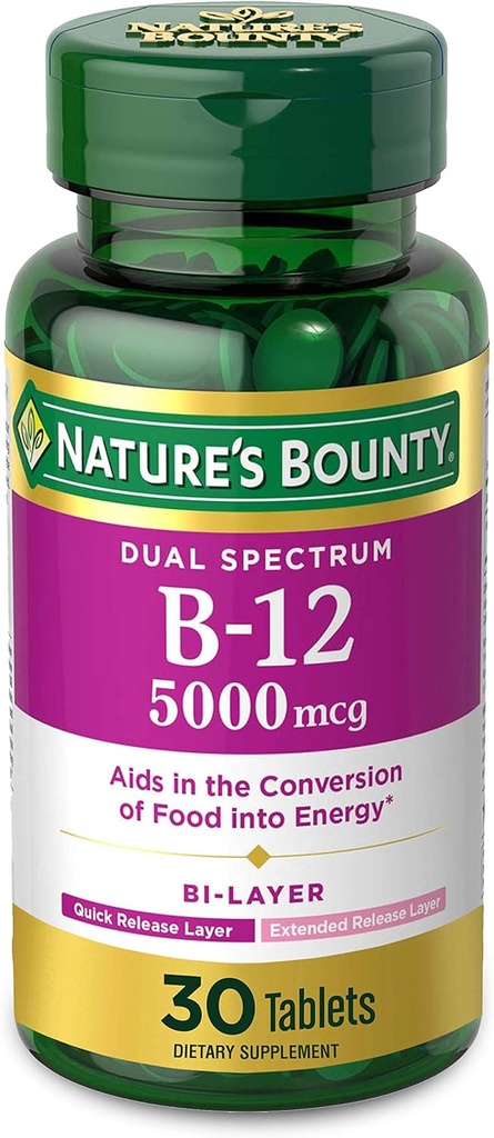 Vitamina B12 de Bounty Nature's, Dual Layer Dietary Supplement, Quick Release and Extended Release, Supports Energy Metabolism and Nervosis System Health, 5000mcg, 30 Tablets