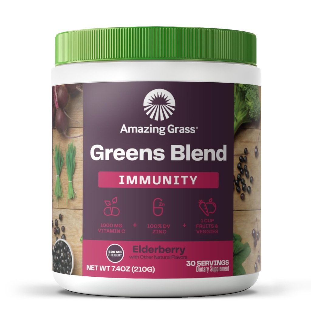 Verdele de iarbă uimitoare blend Superfood pentru suport imunitar: Super Greens Powder Smoothie Mix cu Spirulina organică, Chlorella, Root Root Powder, Enzime digestive & Probiotice, Elderberry, 30 Servings
