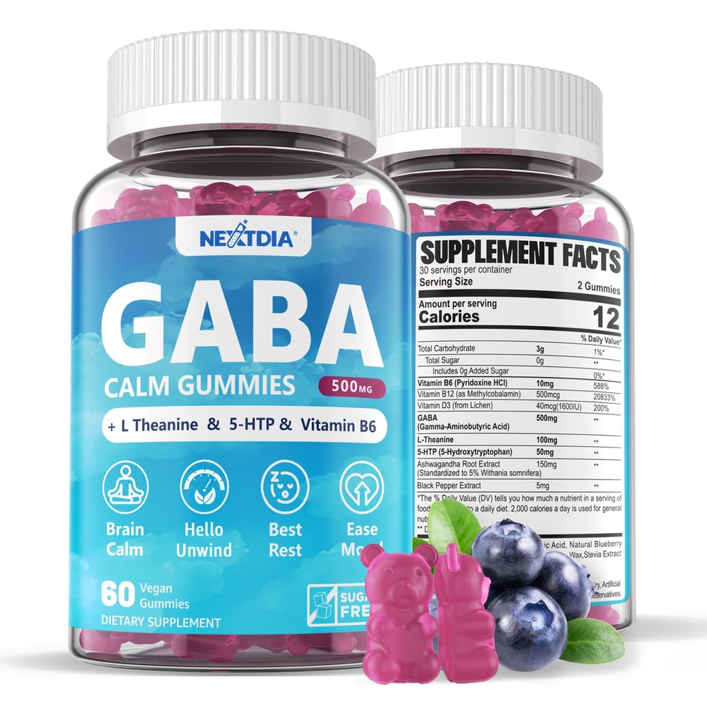 GABA Gummies 500 mg - Gume de zahăr fără calm cu L Theanine, 5-HTP, vitamine D3, B12, Ashwagandha, Melatonina-Free pentru calmul cerebral, Mood, Zzz Better, GABA Supliment pentru adulți, aroma de afine, 1Pack