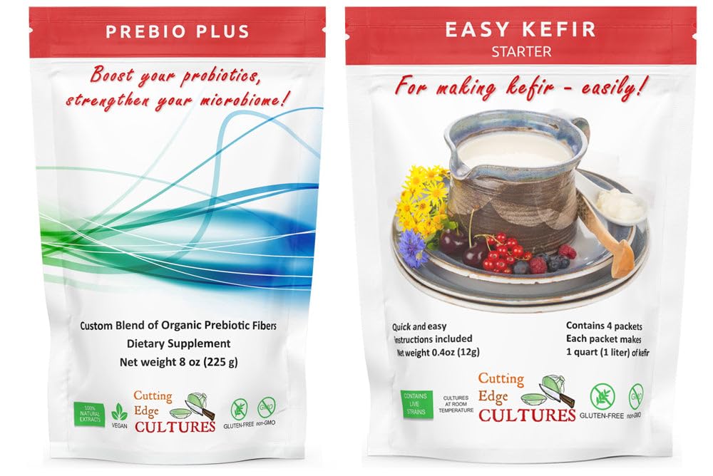 Cutting Edge Culturi Prebio Plus + Kefir Starter Cultura Prebiotic Fiber pulbere Cel mai bun amestec personalizat de fibre prebiotice organice Supliment alimentar (1 Prebio Plus + 1 Kefir 20g)