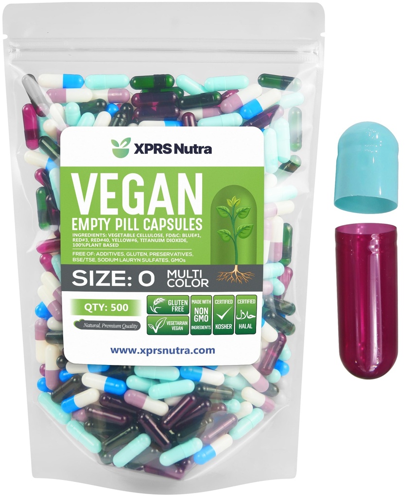 XPRS Nutra Dimensiune 0 Capsule goale - 100 Capsule Vegane goale conte - Pastile vegetariene - Capsule de legume DIY Umplere - Capace pentru pastile Veggie pentru a face-se suplimente (Multi culoare)