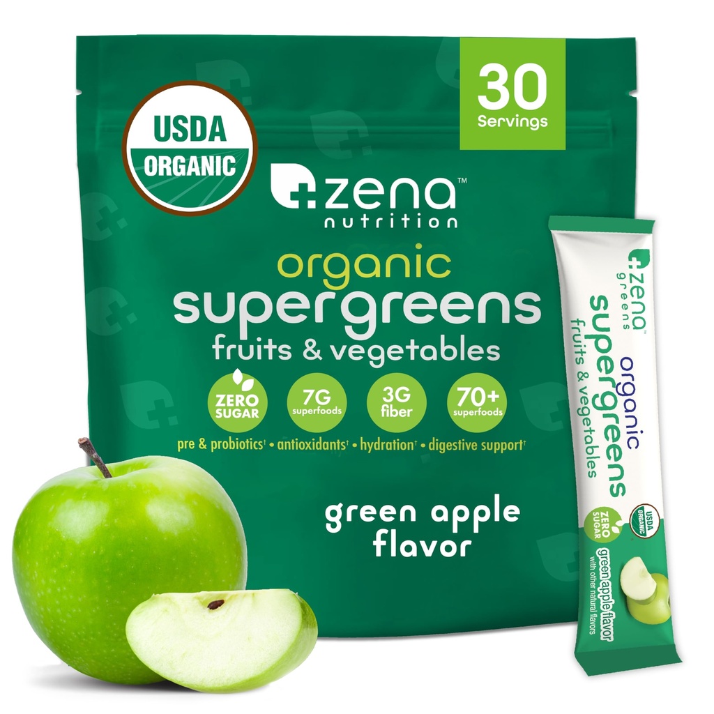 Zena Nutrition Organic Super Greens Powder, 70+ Superfoods, 0 Zahăr, 3G Fiber, Spirulina, Chlorella, Antioxidanti, Prebiotice/Probiotice, Enzime Digestive, Green Apple, 30 Drink Mix Packets