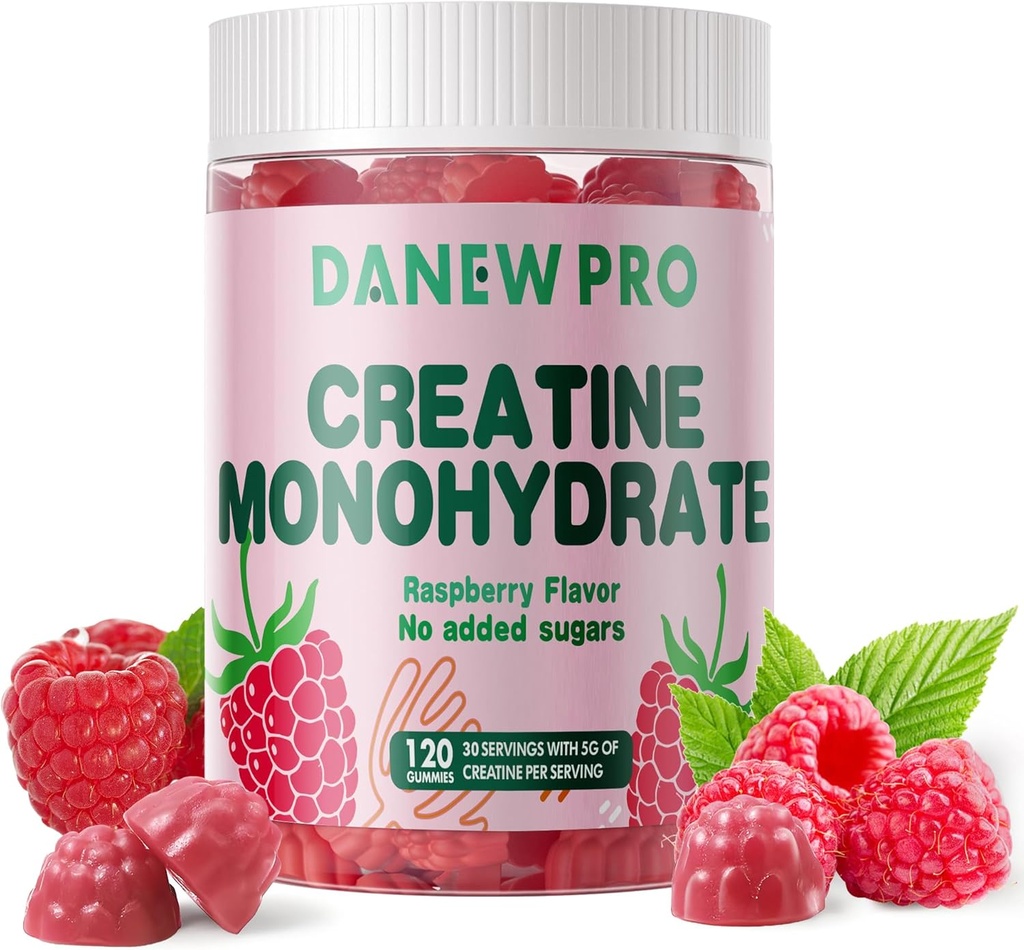 Creatine Monohidrat Gummie pentru bărbaţi şi femei 5g de Creatină Monohidrat per Servire - Zahăr fără, Vegan, Raspberry Flavor, 120 Conte