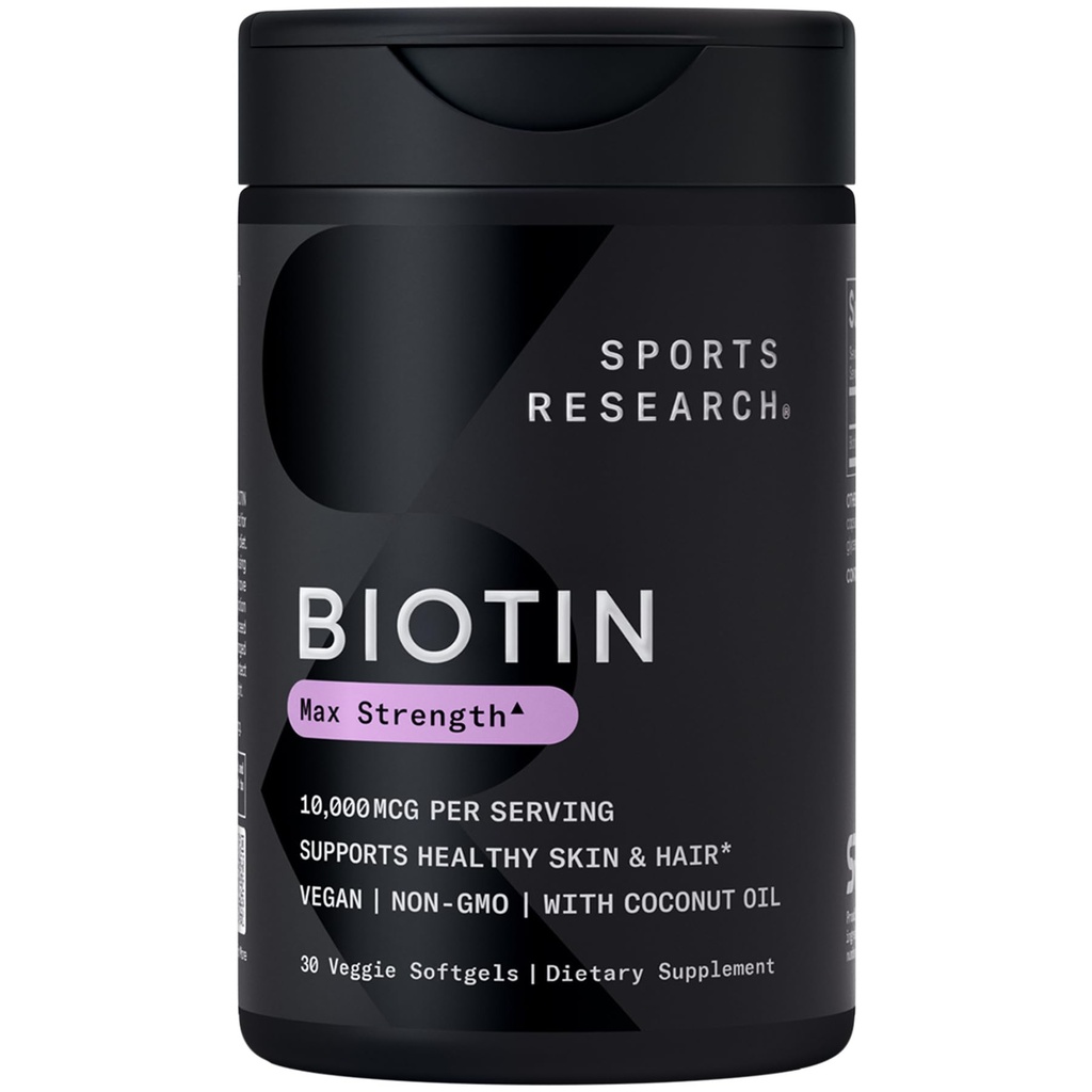 Sports Research® Biotin 10000mcg cu ulei organic de nucă de cocos - Biotin (Vitamina B7) pentru Skin Healthy și suport pentru păr* - pentru femei și bărbați - Vegan, Non-GMO, Gluten & Soy-Free - 30 Veggie Softgels