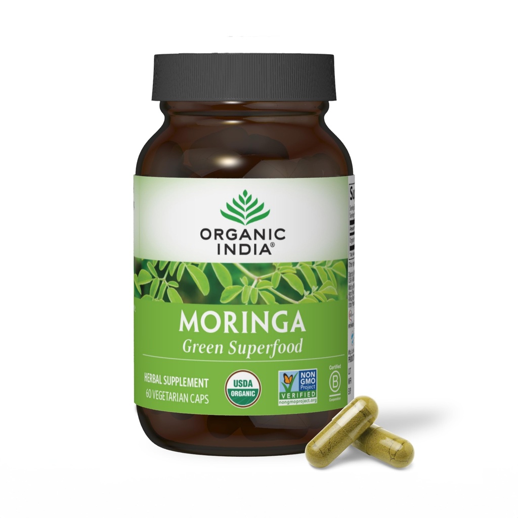 Capsule INDIA Moringa Organic - Moringa Supliment - Superfood verde, Capsule de frunze Moringa, Supergreen pur, Verzi Vegani, Multivitamine naturale, Vegan, Gluten-free - 60 capsule